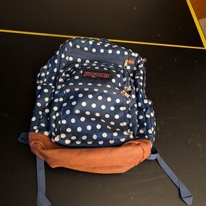 Vintage JanSport Navy Polka Dot Leather Bottom Suede Backpack Good Condition